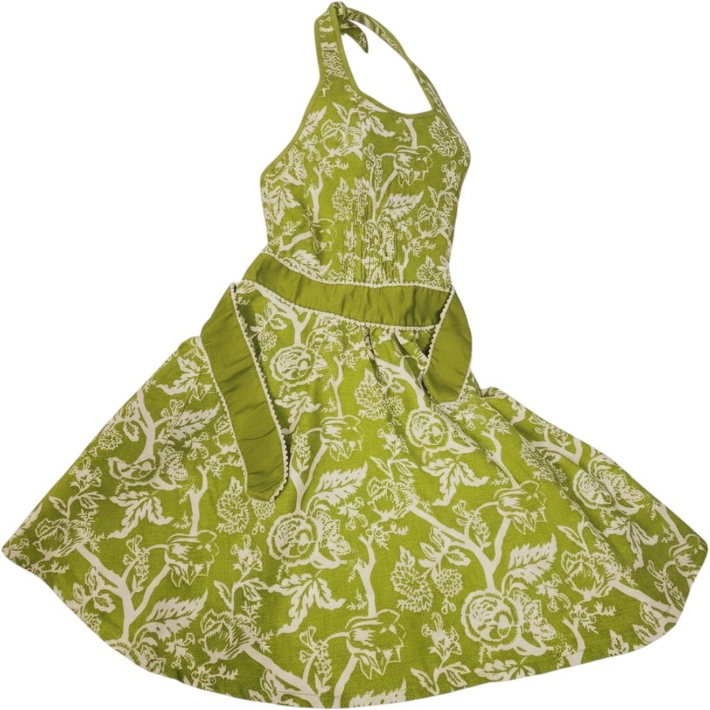 Vintage Style Lime Green Floral Toile Halter Apron Pom Pom Trim with Pocket